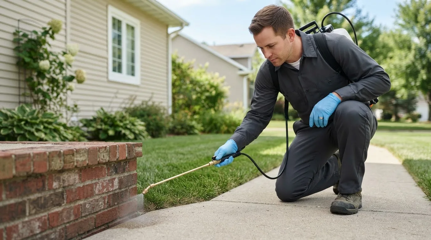 Pest control technician treating a home near Cleveland, TX